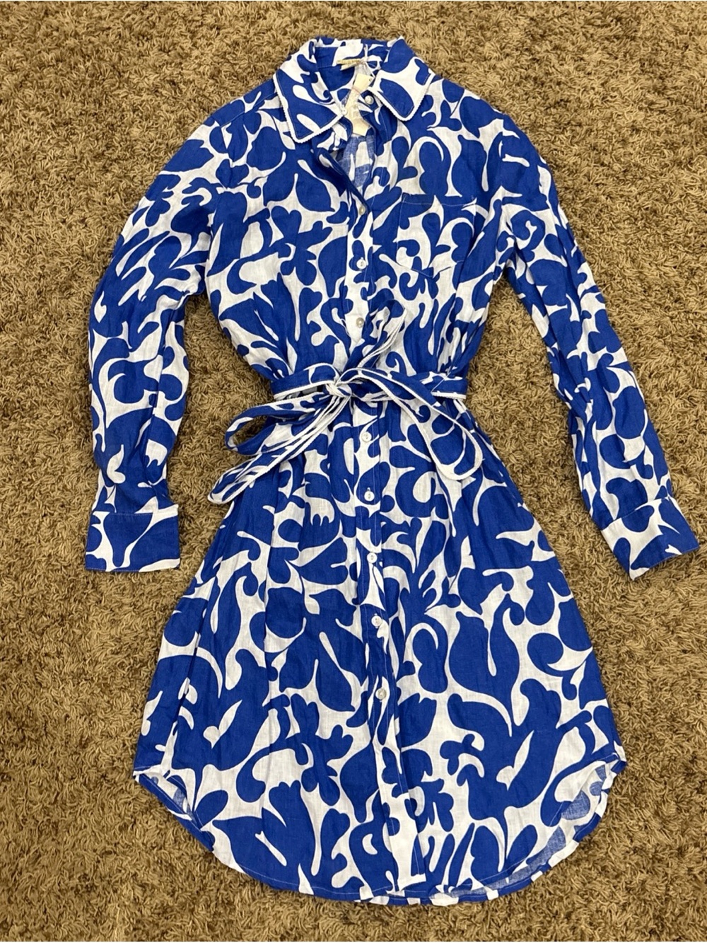 Magaschoni Blue White 100% Linen Button Dress Small Midi New